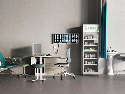 Medical Devices In Clinic Setting With Wall Monitor Stethoscope Supply Shelf Workstation And Sink 3d model