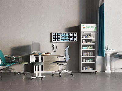 Infirmary Doctor's Desk Shade Cabinet Sink Common Chair Stool 3d model