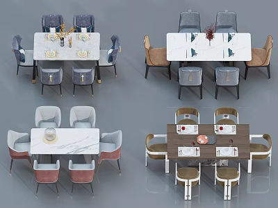 Modern Dining Table Set With Marble Top And Various Colored Chairs And Decorative Tableware 3d model