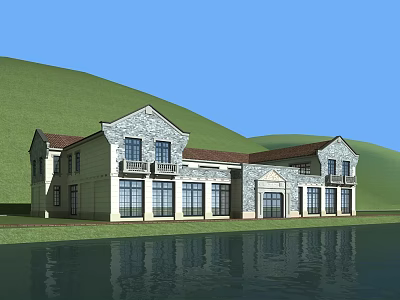 Two Story Stone Building With Red Roof Against Green Hills And Waterfront Reflection 3d model