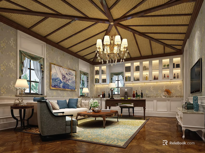 Elegant Traditional Living Room Interior With Wooden Ceiling Chandelier Patterned Walls And Sofa Set 3d model 
