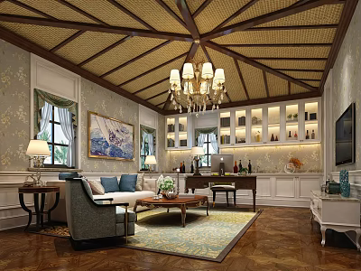 Elegant Traditional Living Room Interior With Wooden Ceiling Chandelier Patterned Walls And Sofa Set 3d model