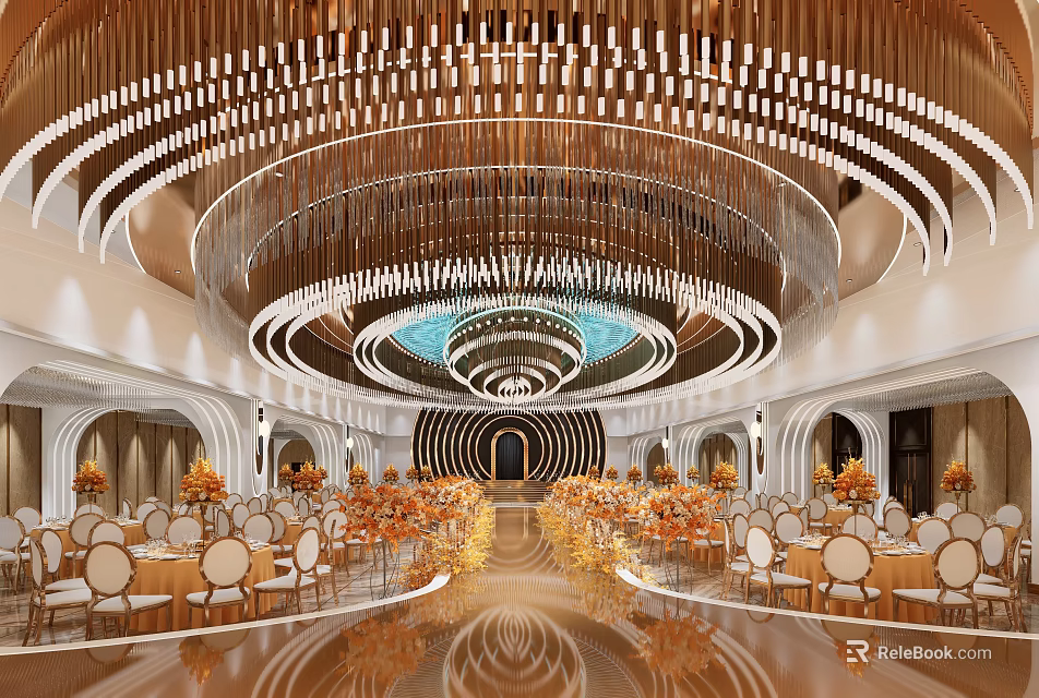 Luxurious Banquet Hall With Circular Golden Chandeliers Golden Chairs And Orange Floral Decor 3d model 