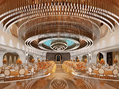 Luxurious Banquet Hall With Circular Golden Chandeliers Golden Chairs And Orange Floral Decor 3d model