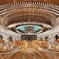 Luxurious Banquet Hall With Circular Golden Chandeliers Golden Chairs And Orange Floral Decor