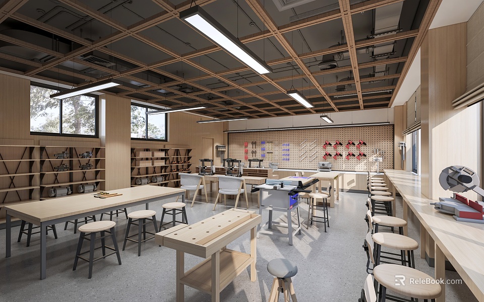 School Workshop Interior With Wooden Tables Stools Bookshelves And Hanging Tools 3d model 