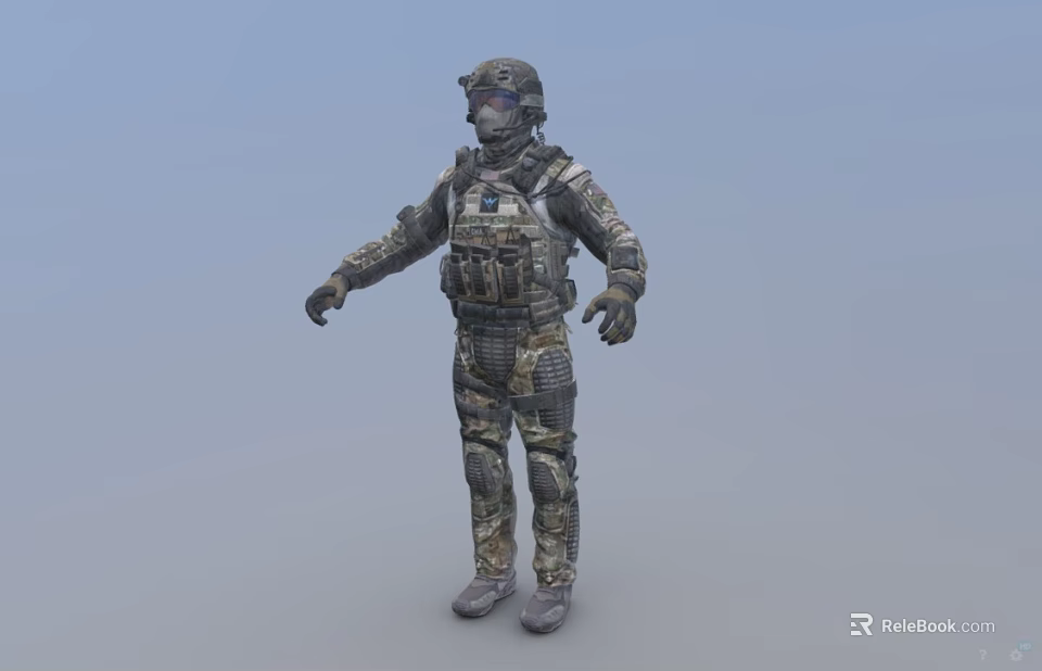 Game Movie Character In Camouflage Tactical Uniform With Helmet And Goggles 3d model 