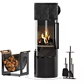 Black Modern Fireplace with Glass Panel Wooden Log Basket and Fireplace Tool Set