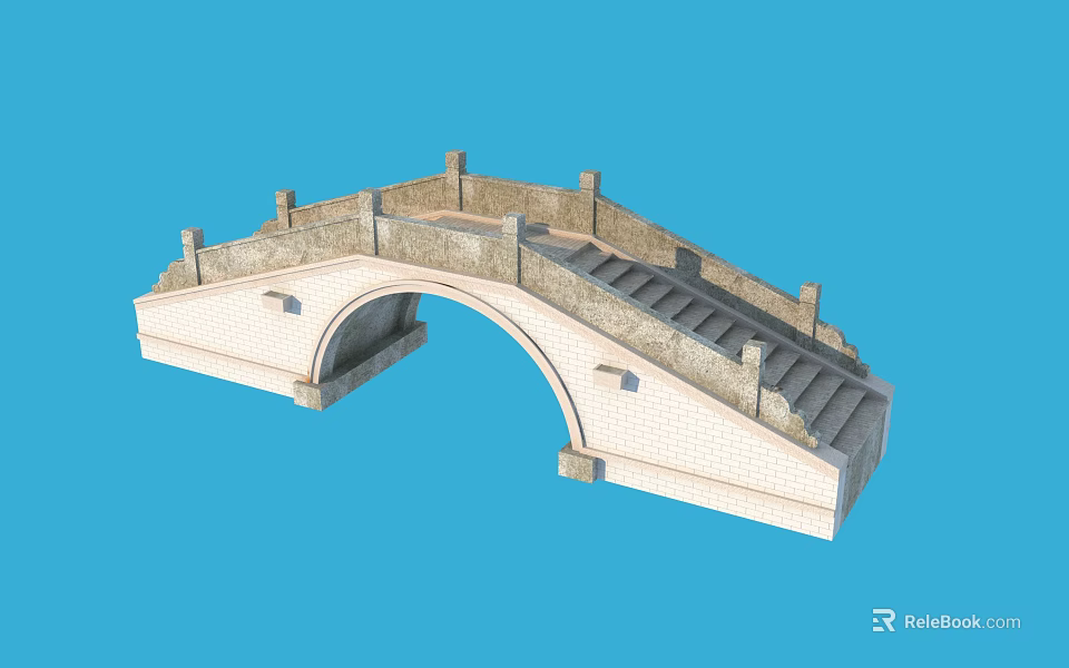 Classic Stone Arch Bridge With Detailed Railings And Stone Steps Design 3d model 