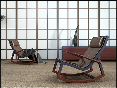 Modern Wooden Frame Lounge Chair With Leather Seat In Shoji Screen Interior 3d model