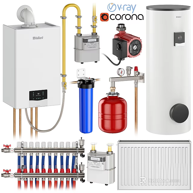 Essential Home Heating And Water Supply Appliances Including Boiler Radiator Pump Filter And Manifold 3d model 