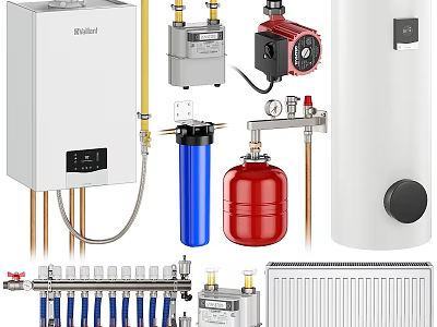 Essential Home Heating And Water Supply Appliances Including Boiler Radiator Pump Filter And Manifold 3d model
