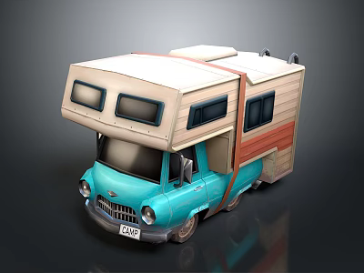 Vintage Blue And Beige Camper Van With Extended Roof Rectangular Windows And Wooden Paneling 3d model