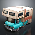 Vintage Blue And Beige Camper Van With Extended Roof Rectangular Windows And Wooden Paneling
