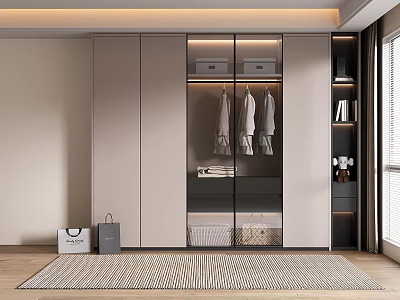 Modern Wardrobe With Glass Doors Hanging Clothes Storage Shelves And Rug 3d model