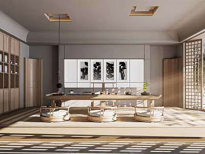 Minimalist Tea Room With Wooden Long Table Round Stools Decorative Paintings Natural Light Hanging Lights 3d model