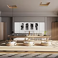 Minimalist Tea Room With Wooden Long Table Round Stools Decorative Paintings Natural Light Hanging Lights