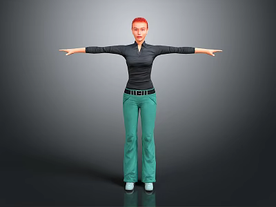 Red Haired Person In Black Top And Green Pants With Arms Outstretched On Gray Background 3d model