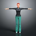 Red Haired Person In Black Top And Green Pants With Arms Outstretched On Gray Background
