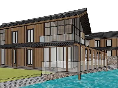 Garden Landscape Design Featuring Modern Wooden Building Glass Walls And Waterfront View 3d model