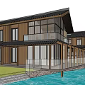 Garden Landscape Design Featuring Modern Wooden Building Glass Walls And Waterfront View