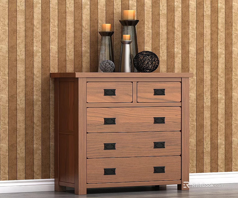 Classic Wooden Dresser With Black Handle Drawers And Decorative Items Against Striped Wallpaper 3d model 