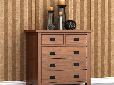 Classic Wooden Dresser With Black Handle Drawers And Decorative Items Against Striped Wallpaper 3d model