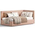 Soft Upholstered Children's Bed With Cartoon Pattern Pillows And Cozy Beige Blanket