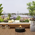 Stunning Rooftop Garden with Lush Green Plants Colorful Flowers Wooden Bench Fire Pit and City View