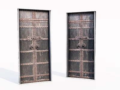 Vintage Wooden Double Doors With Intricate Metal Accents And Classic Design 3d model