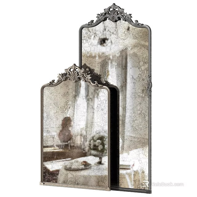 Ornate Decorative Mirrors With Carved Frames Reflecting Dining Table And Floral Arrangement 3d model 