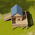 Wooden Cabin with Blue Roof Staircase Platform Railing Windows in Green Grass and Trees