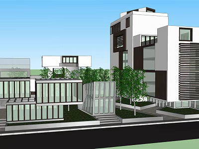 Modern Detached Villa With Glass Windows Greenery And Geometric Facade Design 3d model