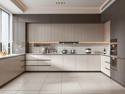 Modern Kitchen Interior Design Featuring Gray White Cabinets Drawers Countertop Appliances And Decorative Pots Vase 3d model