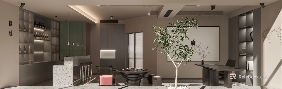 Modern Study Room Interior With Minimalist Furniture Greenery And Lighting 3d model 