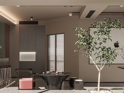 Modern Study Room Interior With Minimalist Furniture Greenery And Lighting 3d model