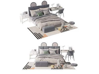 Cute Children's Bed With Ear Shaped Headboard Soft Pillows Study Desk And Stuffed Toy 3d model