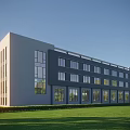 Modern Industrial Factory Building With Multi story Structure Large Windows Green Landscaping And Parking Area