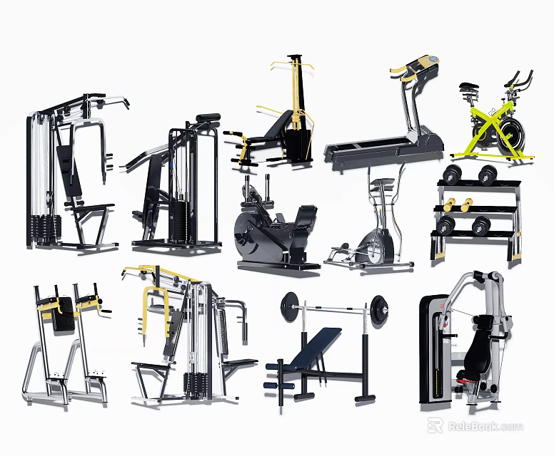 Various Types of Fitness Equipment Including Treadmill Exercise Bike and Weight Machines 3d model 