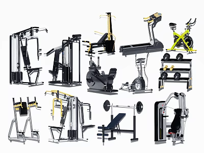 Various Types of Fitness Equipment Including Treadmill Exercise Bike and Weight Machines 3d model