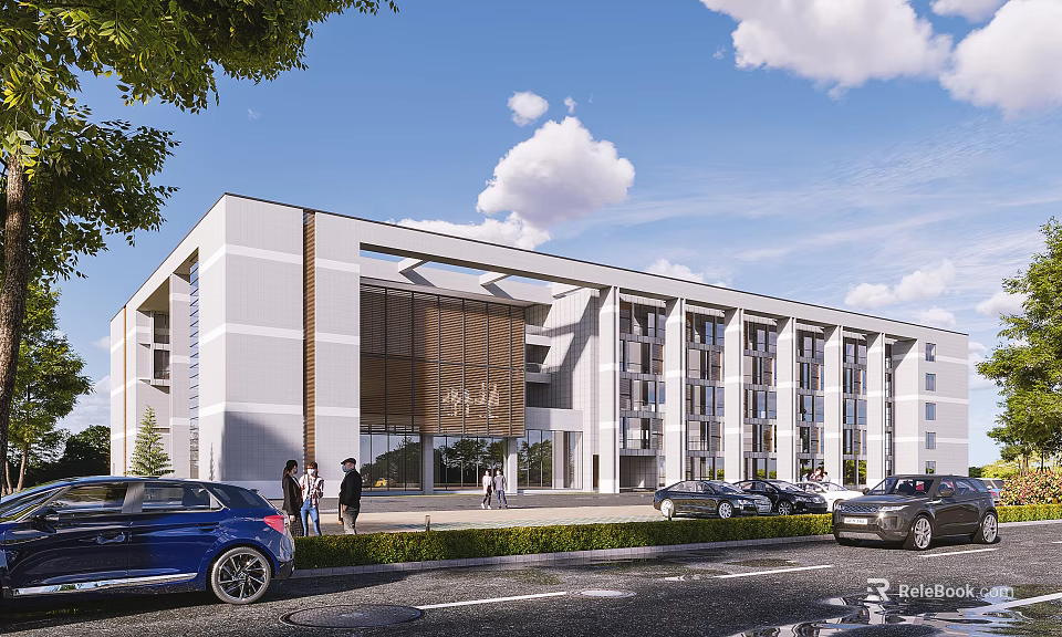 Modern Office Building with Glass Facade Green Surroundings and People Walking 3d model 