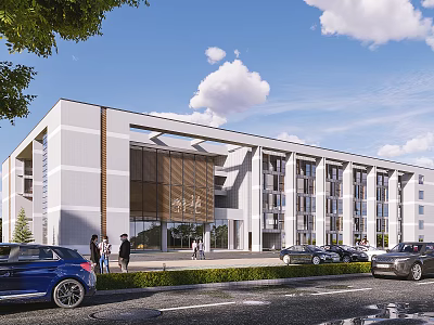 Modern Office Building with Glass Facade Green Surroundings and People Walking 3d model