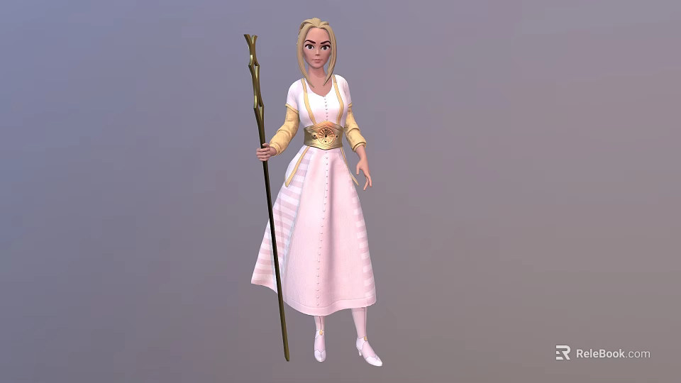Blonde Fantasy Character In Pink Dress With Golden Belt And Staff 3d model 