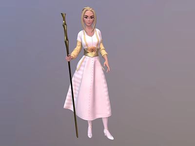 Blonde Fantasy Character In Pink Dress With Golden Belt And Staff 3d model