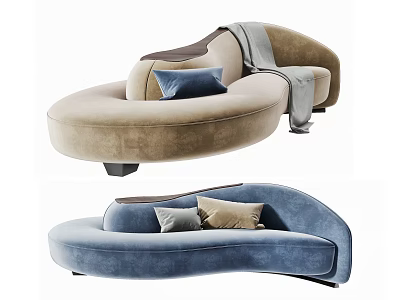 Modern Curved Shape Sofa In Beige And Blue With Accent Cushions For Living Room 3d model