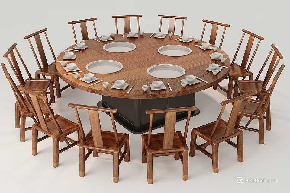 Traditional Round Wooden Dining Table With Matching Chairs And White Plates Tableware 3d model 