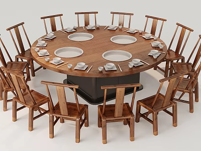 Traditional Round Wooden Dining Table With Matching Chairs And White Plates Tableware 3d model