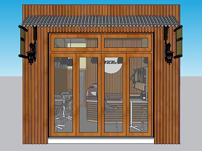 Traditional Wooden Storefront With Glass Doors Lantern Lights And Tile Awning 3d model