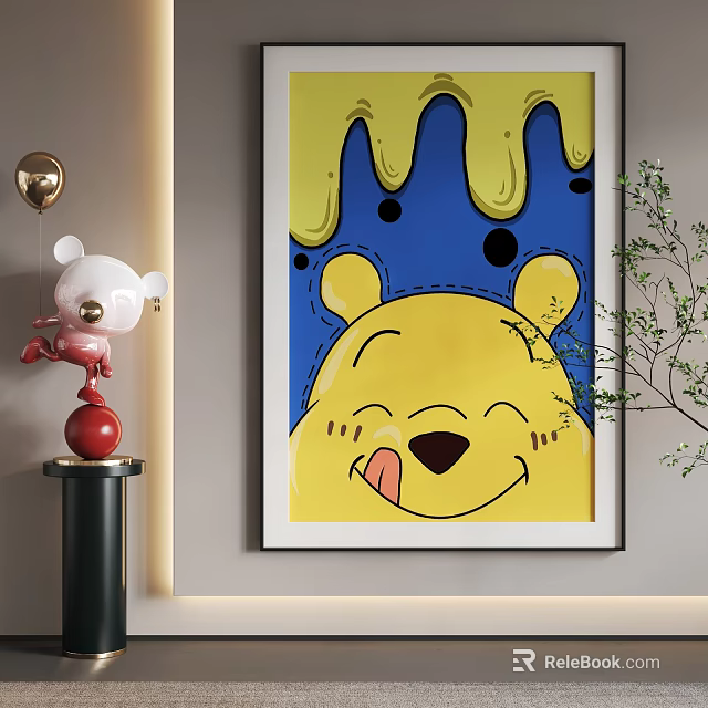 Abstract Painting With Yellow Blue Background Featuring Winnie the Pooh Figure and Dripping Yellow Paint 3d model 