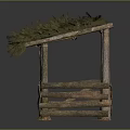 Rustic Wooden Shelter With Moss Covered Roof Wooden Posts Railings And Earthen Ground